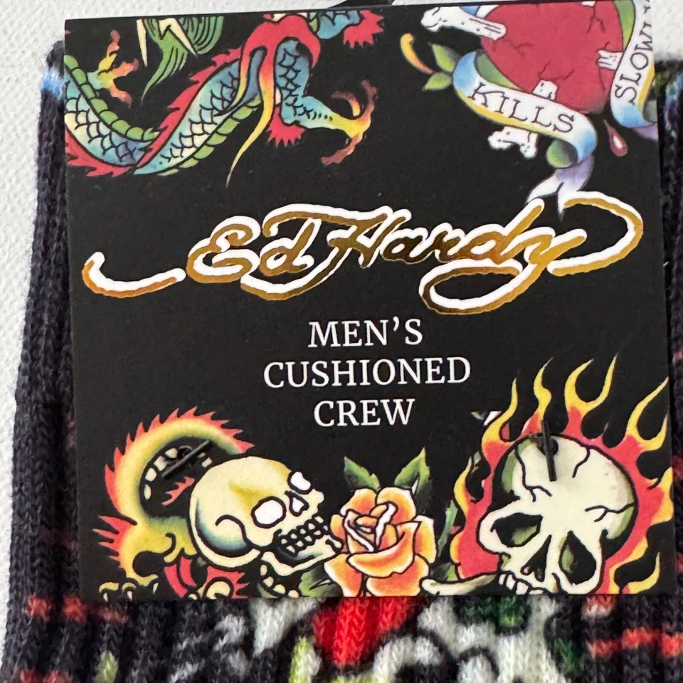 Ed Hardy Para Hombres 2 Pares Calcetines Acolchados Crew Negro Zapato 6-12 Calavera Corazón Tigre Foto 2 de 4