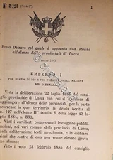 Decree Kingdom of Italy - Added a road to the provincial list of Lucca 1885