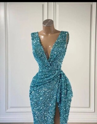 Sexy V Neck Slit Blue Evening Prom Party Dresses Sequins Celebrity Gowns