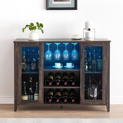 LED Kitchen Buffet Sideboard, Home Coffee Bar Cabinet with Wine and Glass Rack