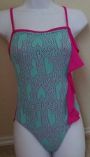 O'RAGEOUS pink vertical ruffle side green heart mesh 1 pc swimsuit,girl 5,8,12