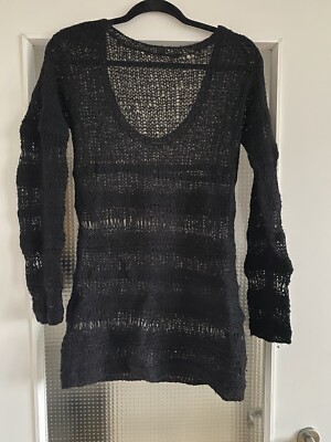Minimum Mohair Strickpullover Lochmuster Rückenausschnitt schwarz S/M Wolle Top