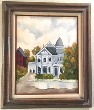 Original Oil Painting Signed B. Hess, Vintage Victorian & Red Saltbox Houses