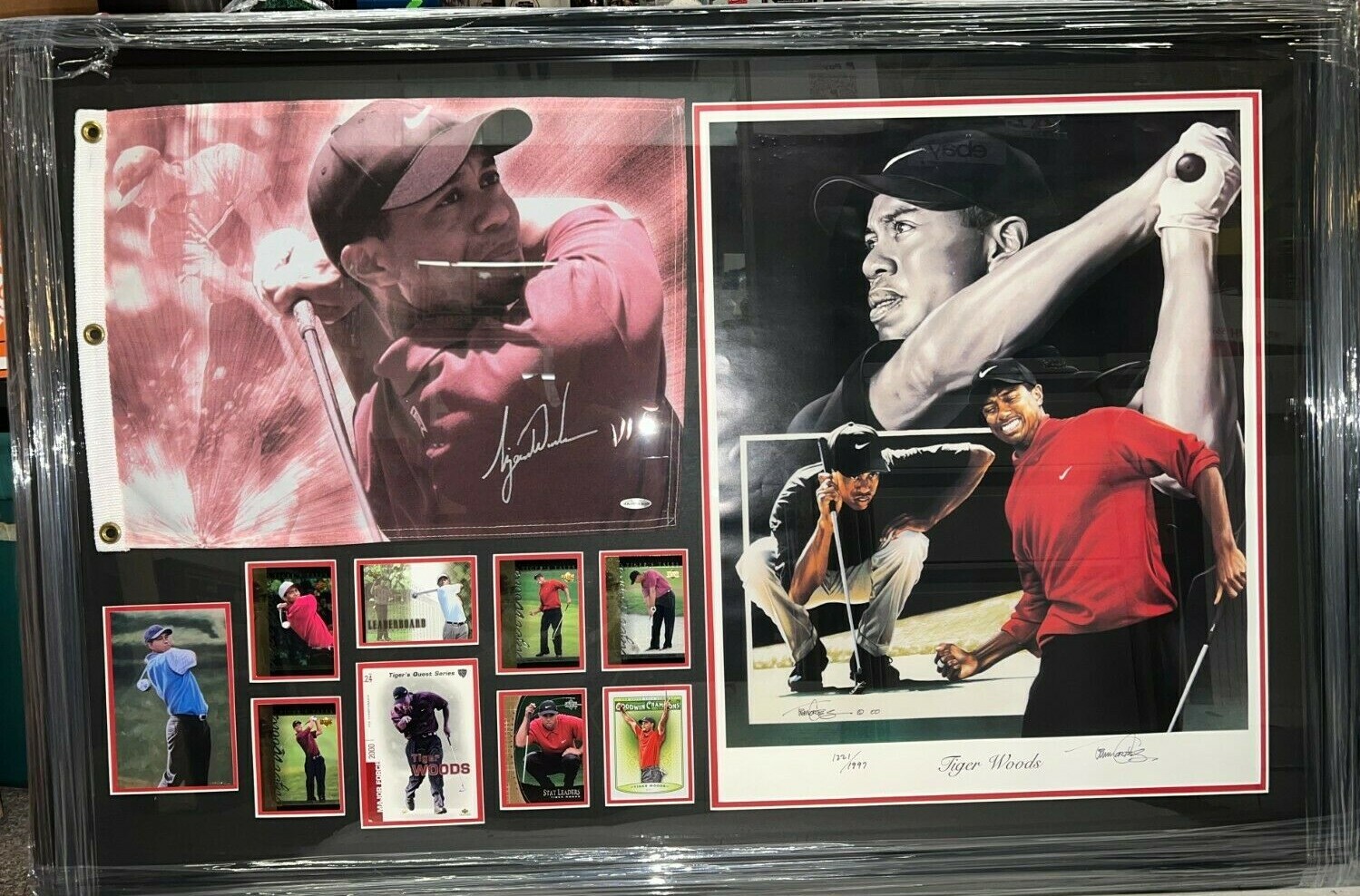 Tiger Woods Autographed Signed 2002 Auto Printed Photo Bergundy Pin Flag Litho Collage UDA 