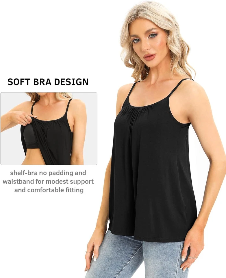 Women Summer Camisole with Built in Bra Flowy Shelf Bra Tank Tops Padded Cami US - Image 4 of 4