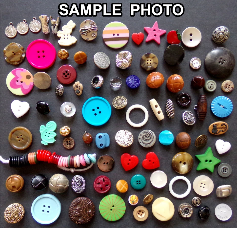 100 BUTTONS: Art Craft Odd Unique Vintage Modern Mixed Button Lot Random Variety - Image 2 of 4
