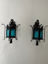 ~Applique veneziane lanterne in vetro acqua di Murano blu ferro battuto, c 1890~