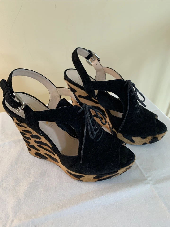 ZAPATOS PRADA TACONES DE GAMUZA plataforma peep toe botas NEGRO ESTAMPADO LEOPARDO 38 EE. UU. Foto 2 de 4