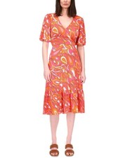 MICHAEL KOR Women's Casual Tie-Back Puff-Sleeve Paisley Orange Pink Dress SZ XL