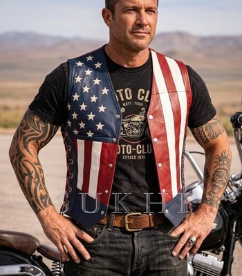 Custom Men's Leather Motorcycle Vest American USA Flag Biker Stars Laces Vests