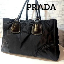 PRADA Black Nylon Leather Tote Bag Large Capacity Authentic Excellent Condition