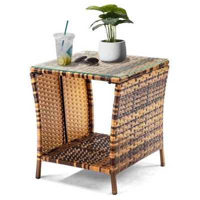 Square woven rattan Double layer glass tabletop Yellow gradient Home side table