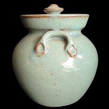 Jugtown Ware Patina Green Glaze Speckled Bean Pot W/ Lid 7 Inch