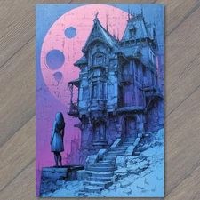 Art Print Girl Faces Towering Haunted House Cracked Triple Full Moon Split Sky