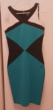 Nicole Miller Aqua Black White Sleeveless Pencil Dress Size Small Bodycon Color