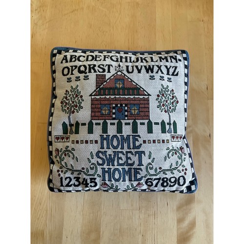 Vintage Home Sweet Home Sampler Woven Tapestry Throw Pillow Folk Art Blue 11x12