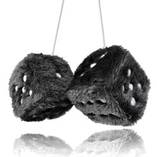 Pair 3  Black with White Dots Mirror Fuzzy Plush Dice, Black and White Soft Plus
