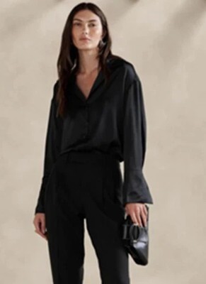 Banana Republic L Bliss Silk Resort Shirt  Black #755617 RT $150