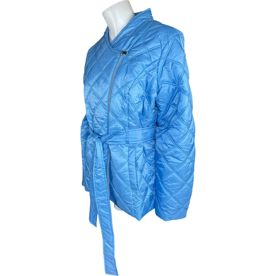 Susan Graver Lightly Padded Quilted Moto Jacket Bell Blue Medium NWOT Belted - Image 4 of 4