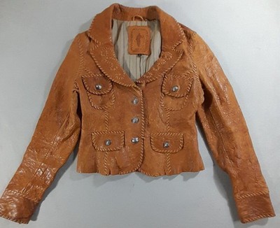 My Tribe Jacket Orange Thick Leather Whipstitch Lined Metal Button Closure USA