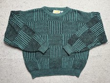 Vintage Saturdays Sweater Mens XL Green Geometric Waffle Knit Crewneck 80s