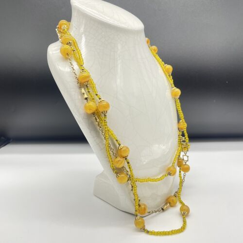 Vintage William deLillo Gold-Tone Yellow Glass 3 Strand Beaded Necklace - Picture 2 of 6