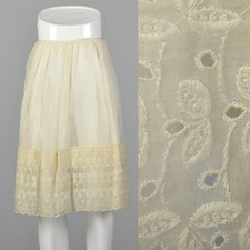 XXS 1950s Cotton Eyelet Slip Off White VTG Gathered Skirt Lingerie Petticoat