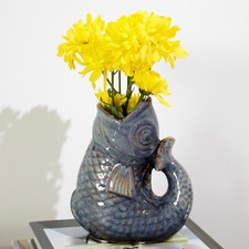 Blue Reactive Glaze Fish Glug Jug Ceramic Decorative Vase Water Pitcher Carafe