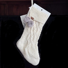 x2 UGG Koolabura Cable Knit Christmas Stocking Set Ivory Cream Fur Gray Pom Poms