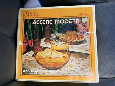 1970's Anchor Hocking Accent Modern 3 Pce.  Honey gold   Chip & Dip Set Box