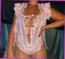 VTG Sheer Pink LACE Alana Gale Chiffon Teddie Nightie Robe SET NEW S