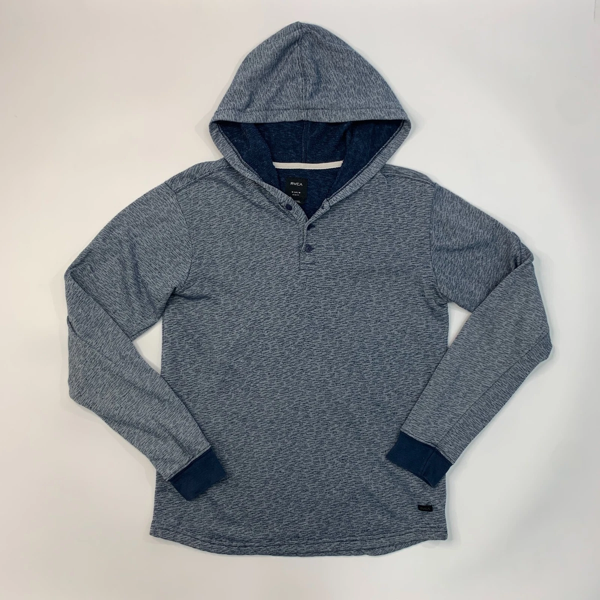 RVCA Lavish Henley Hoodie Mens M Slim Fit Blue Marled Lightweight French Terry
