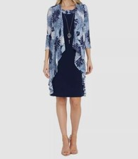 R M Richards Women's Blue 2-Pc. Puff-Print Jacket Necklace Dress Size 12