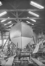 The yawl Banzai in shed at boatyard 1912 Historic Old Photo