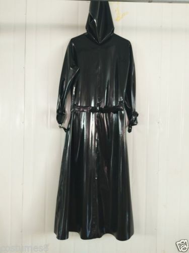 Latex Rubber Schwarz Lange Ärmel Kleid Gürtel Mit Kapuze Long Dress 0.4mm S-XXL - Picture 5 of 5