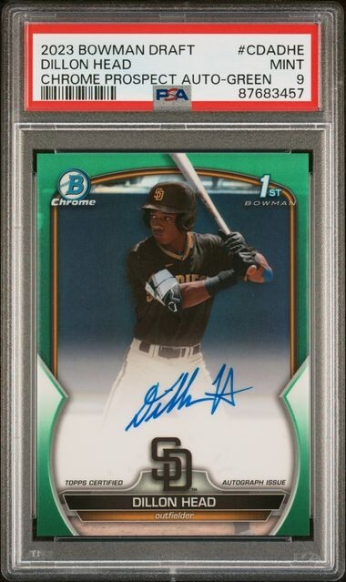 2023 Bowman Chrome Draft Dillon Head 1st Green Auto /99 PSA 9 Mint Padres MLB
