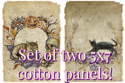 Handmade Set of TWO 5X7 Fall Gothic Halloween Cats Cotton Fabric Blocks