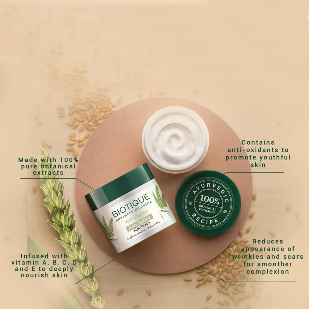 Biotique Wheat Germ Anti Ageing Night Cream Reduces Fine Lines 50g FAST SHIPPING