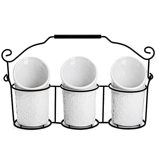 Nicunom Set of 3 Ceramic Flatware Caddy with Metal Rack Embossed Design