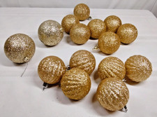 Plastic Gold Ball Christmas Ornaments Lot of 15 Round Ribbed Glitter 2.50"