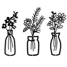 3 Pieces Black Metal Flower Wall Art for Living Room Metal Vase Wall Art for ...