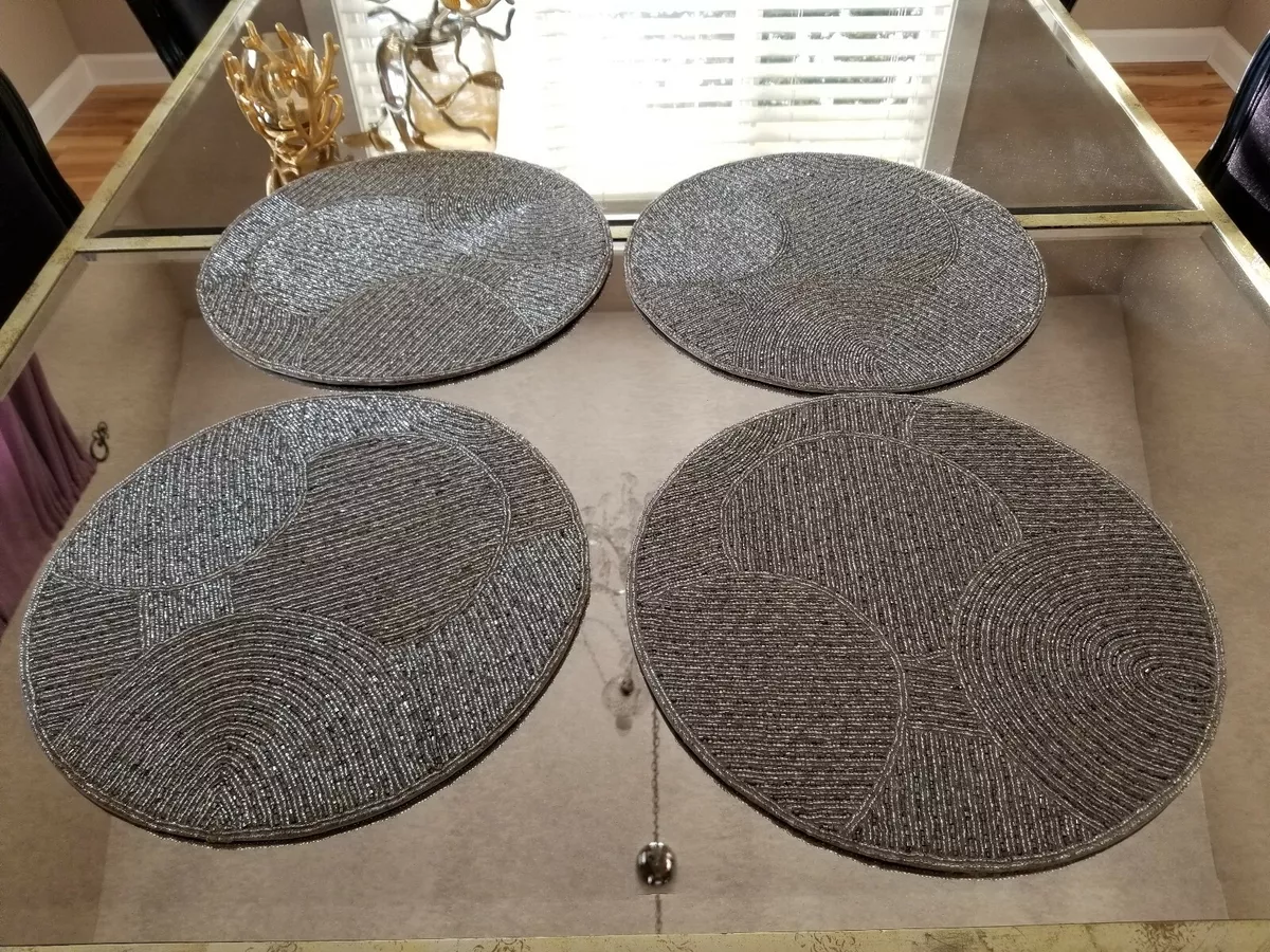 SET 4 Tahari Home Silver Beaded Placemat Charger Gray Centerpiece Luxe 15