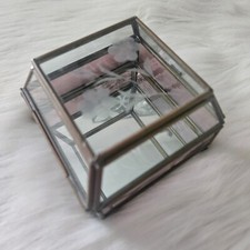 VTG Jewelry Trinket Box Brass Glass Mirror Rose Etched Footed Lid 3"x3"x2" 70s