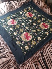 VINTAGE PIANO SHAWL HAND EMBROIDERED BLACK SILK PEONIES 52 X 52" 18" FRINGE