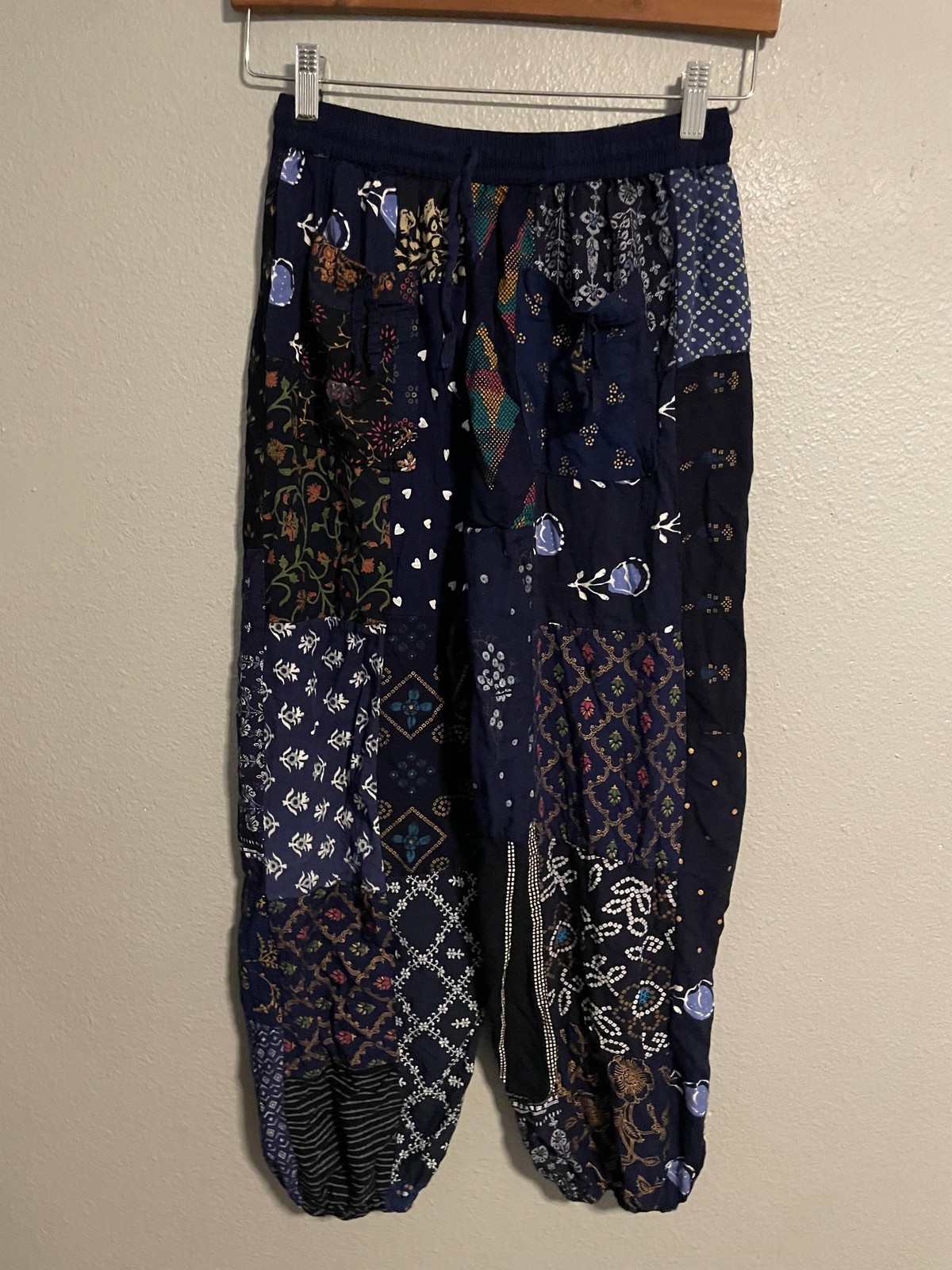 Boho Patchwork Pants Womens Medium Blue Floral Ra… - image 1