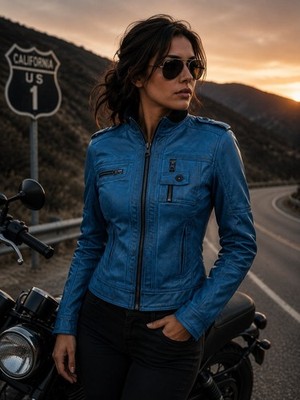 Women s Blue Biker Leather Jacket Slim Fit Moto Motorcycle Fashion Coat