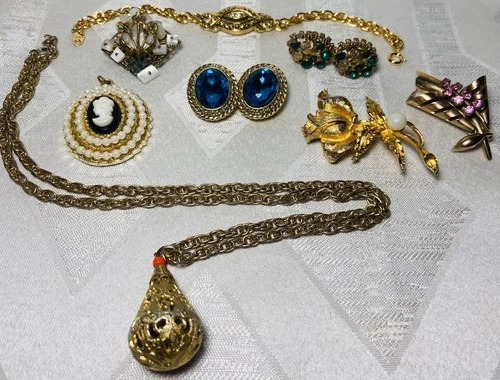 Vintage Costume Jewelry Lot 10 Pc Wearable Avon Brooches Cameo Earrings Estate