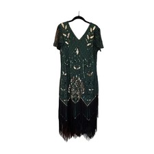 FUNDAISY Flapper Dress Women Green Sequin Fringe Art Deco Gatsby SIZE L
