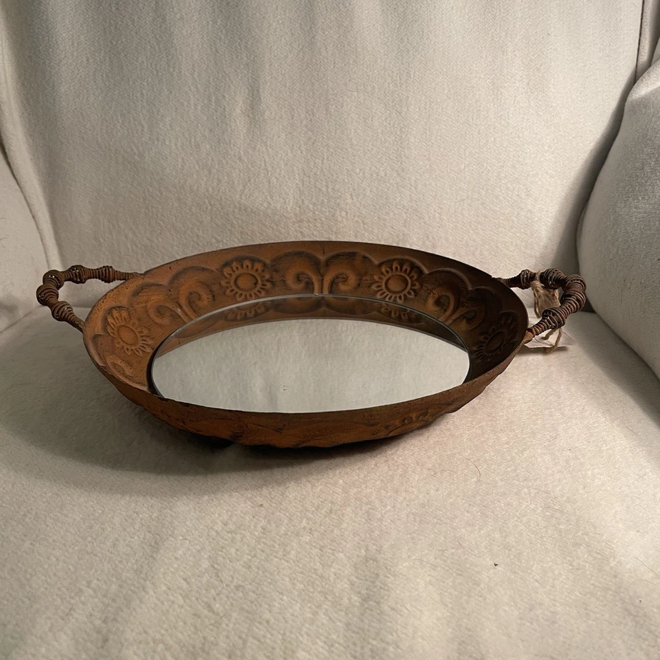 Lone Elms Studios Rustic Primitive Metal Mirror W/ Sun & Floral Pattern Handles - Image 2 of 4