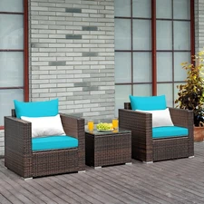 Patiojoy 3PCS Patio Rattan Furniture Set Conversation Sofa W/ Cushion Turquoise